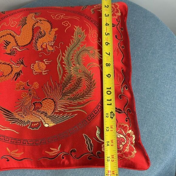 Red Satin Dragon Phoenix Decorative Pillow - Picture 4 of 4